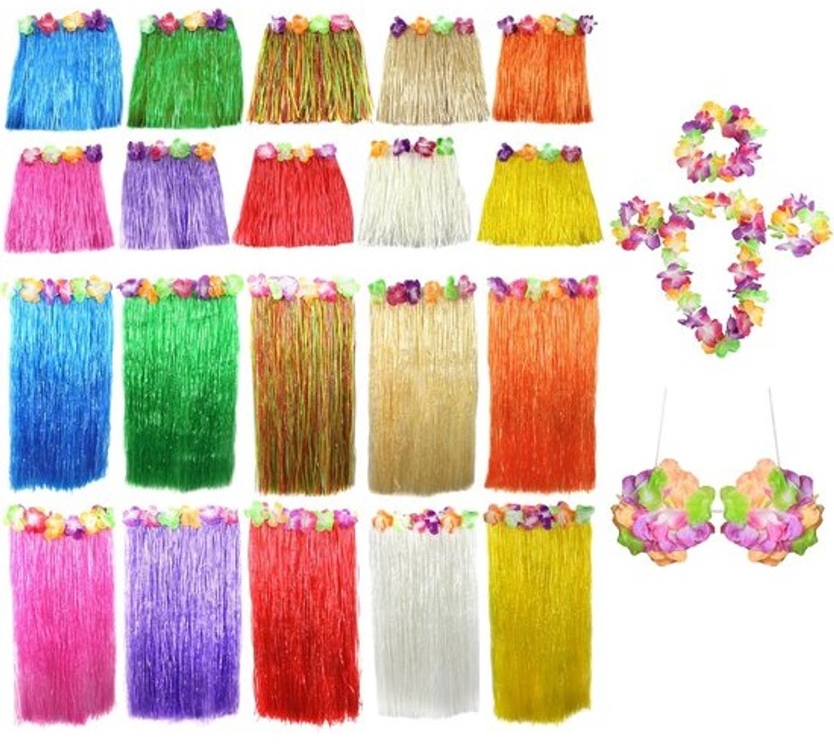 Hawaii Kostuum Set - Hula Rok, Bloemenkrans, Armbanden en Beha - Compleet Luau Feestpakket