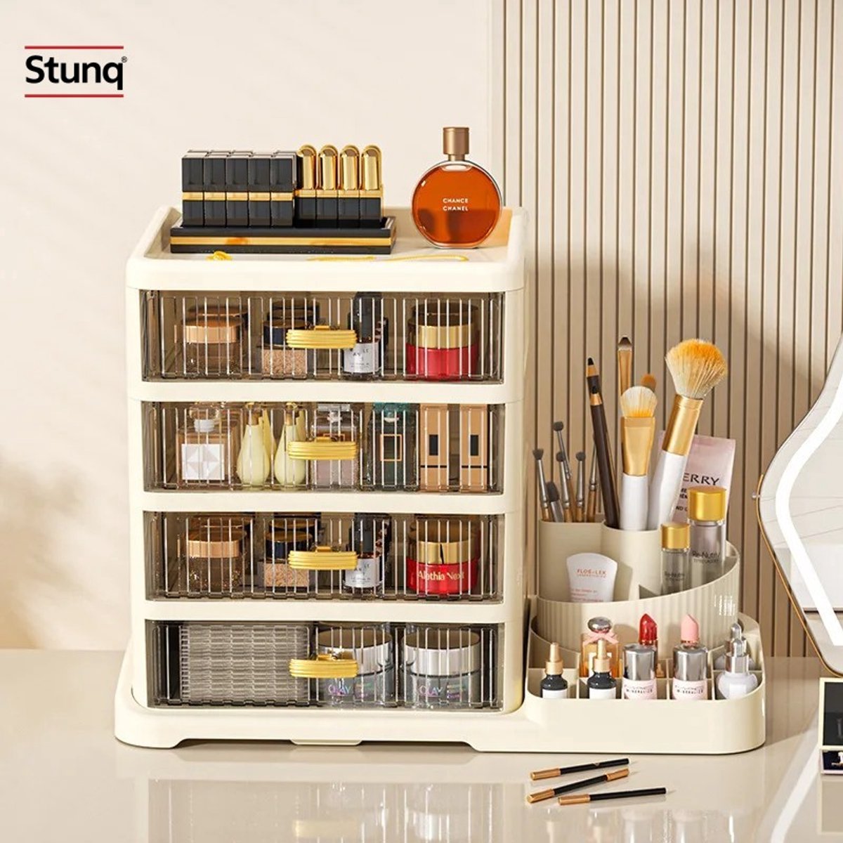 Stunq® Crème Make-up Organizer met 4 Lades en Draaibare Borstelhouder