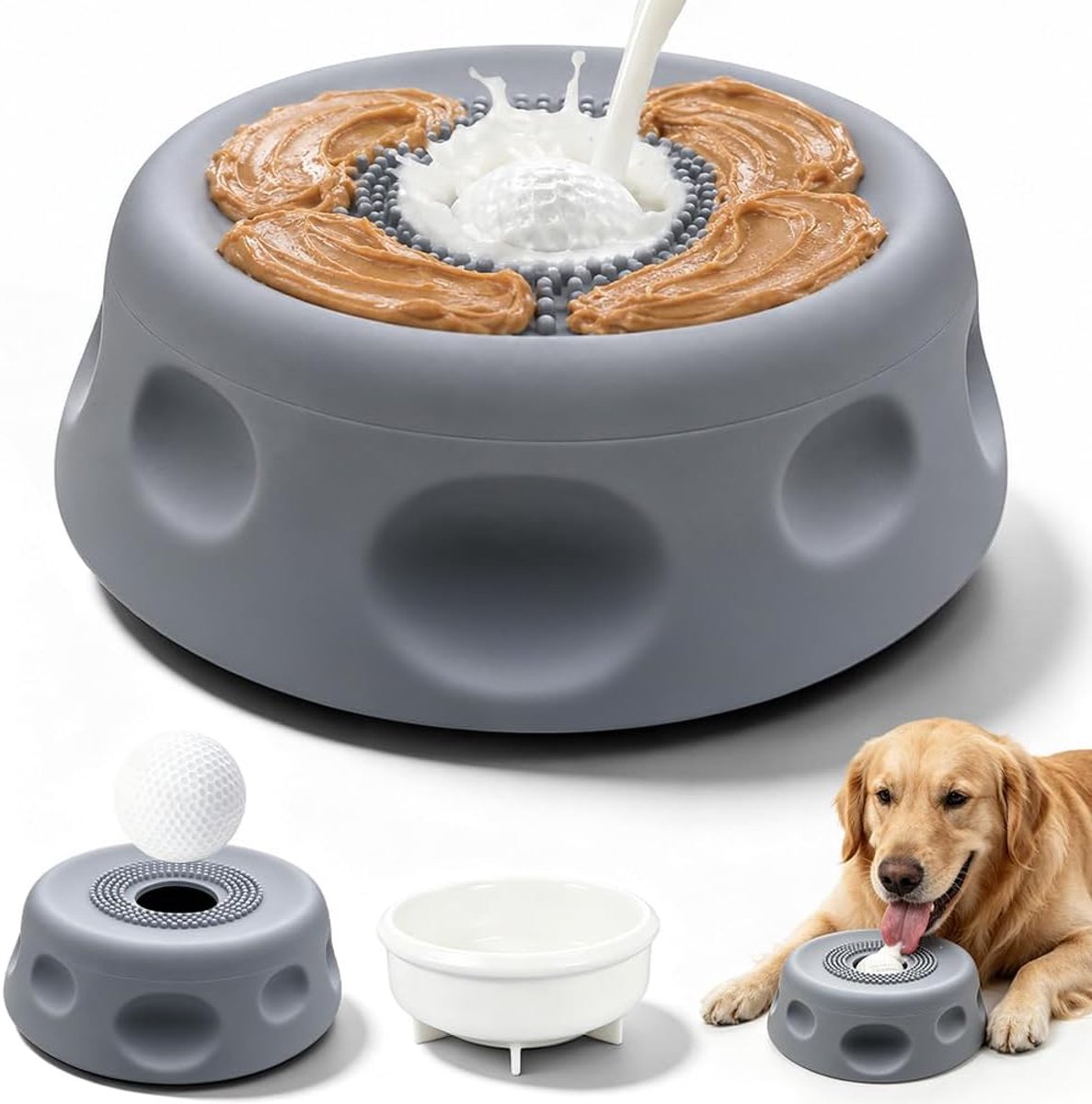 Likkom voor honden, antislip likkom voor vloeibare lekkernijen, melkbal voor honden met zuignap voor langzame voeding, bevordert een goede spijsvertering, grijs
