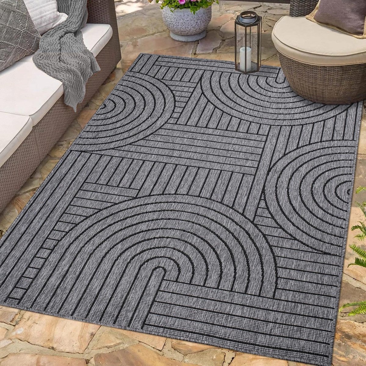 carpet city Outdoor tapijt, weerbestendig, 160 x 230 cm, grijs-antraciet, omkeerbaar tapijt, dubbelzijdig geometrisch patroon, balkontapijt, waterdicht, voor buiten, terrastapijt