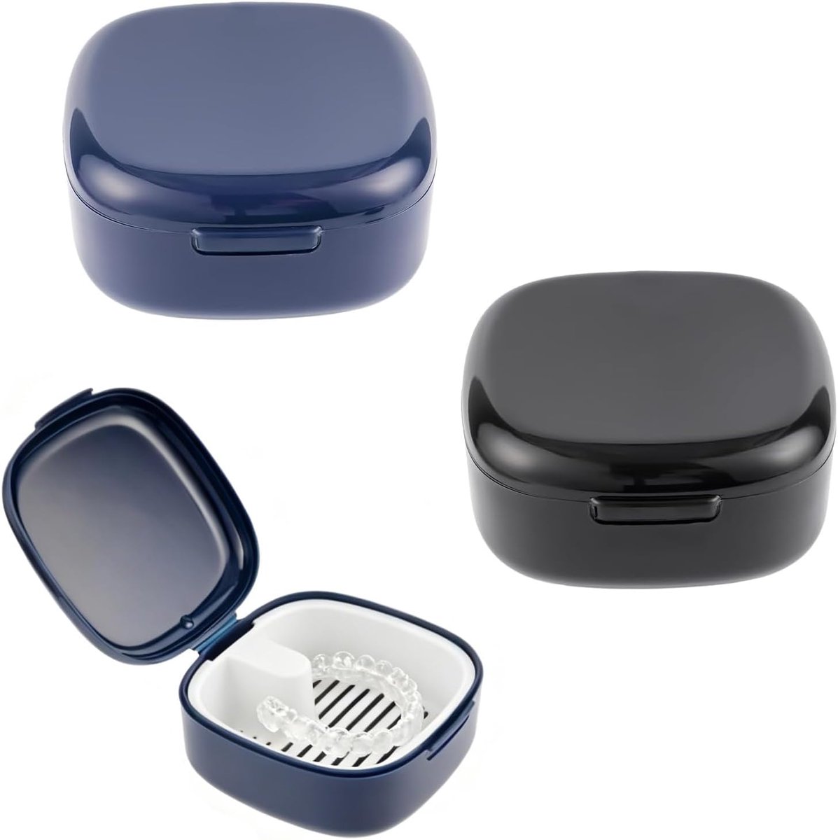 2 stuks opbergdozen voor tandprothesen met zeef, draagbare doos tandapparaat, reinigingsdozen voor tandprothesen (blauw en zwart)