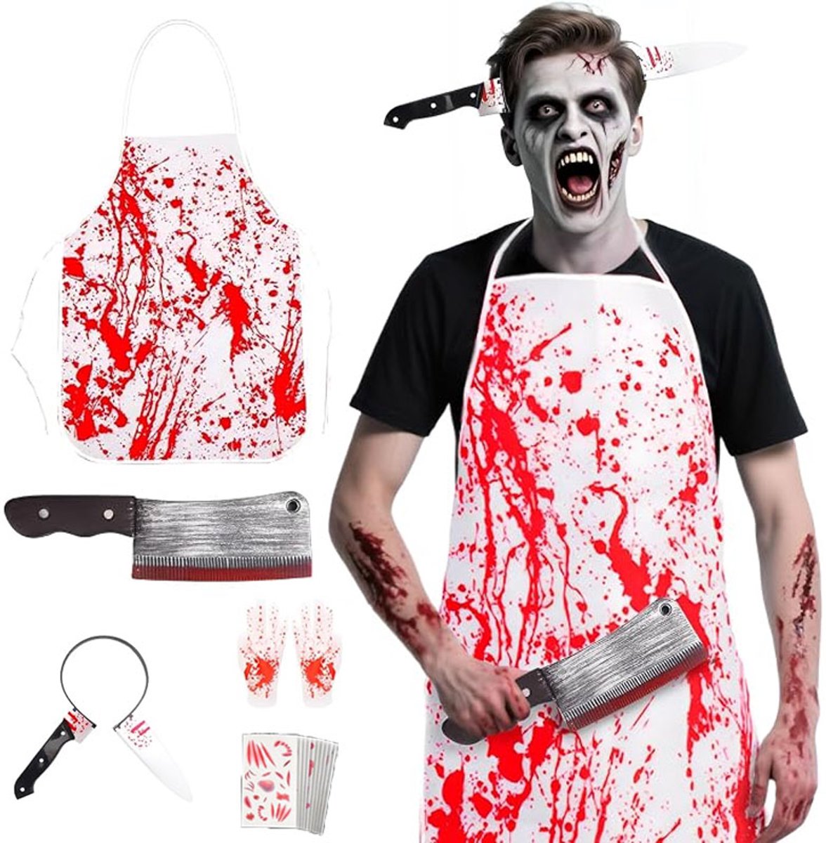 KZQ 5 Stuks Halloween-slagerskostuumset – Inclusief haarband met 'mes door het hoofd', bebloed schort, tattoo-stickers, nepmes en handschoenen – Horror-slagersoutfit voor heren