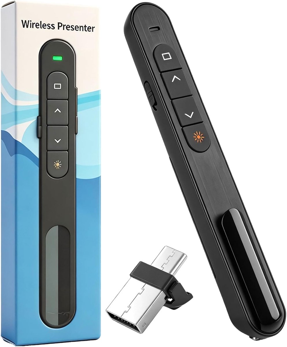 Presentatie Afstandsbediening 2-in-1 USB-C & USB-A, clicker met volumeregeling en links, 2,4 GHz presentatie afstandsbediening voor laptop