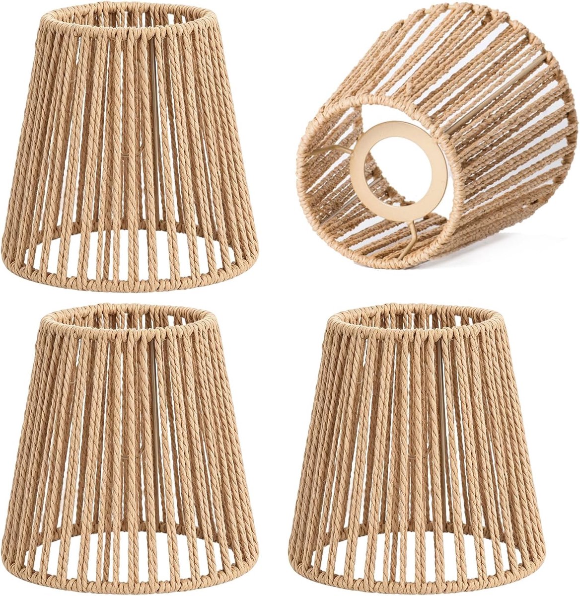4 stuks Boho rotan lampenkap, hanglamp, 14 x 10 x 14 cm, kleine E27 lampenkap voor tafellamp, staande lamp, hanglamp, papieren lampenkap, boho-papier, vervangende kap, hangende lantaarn, mand