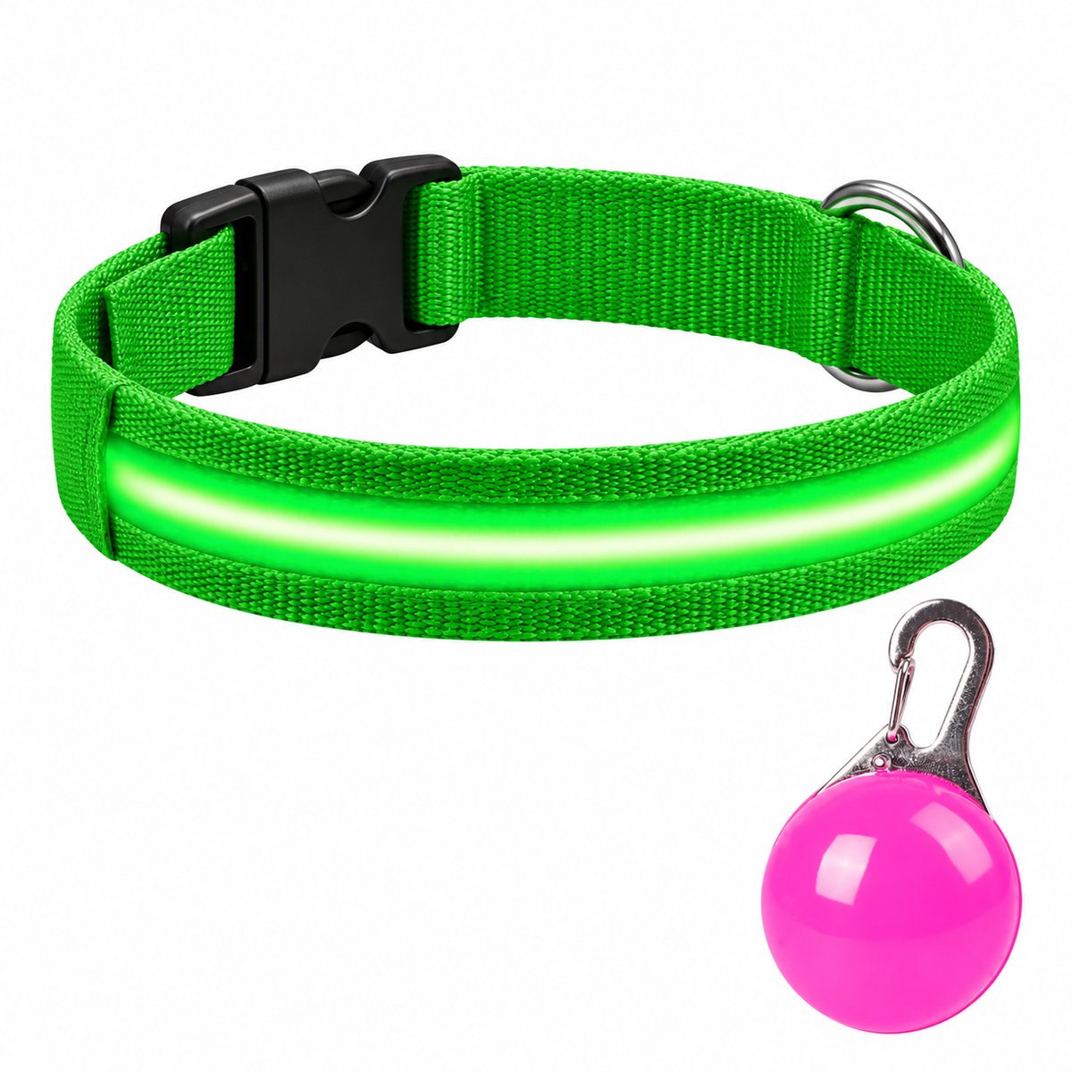 Professor Q LED Halsband Hond - Groen M (37–46 cm) - Roze LED Lampje - Nylon USB Oplaadbaar