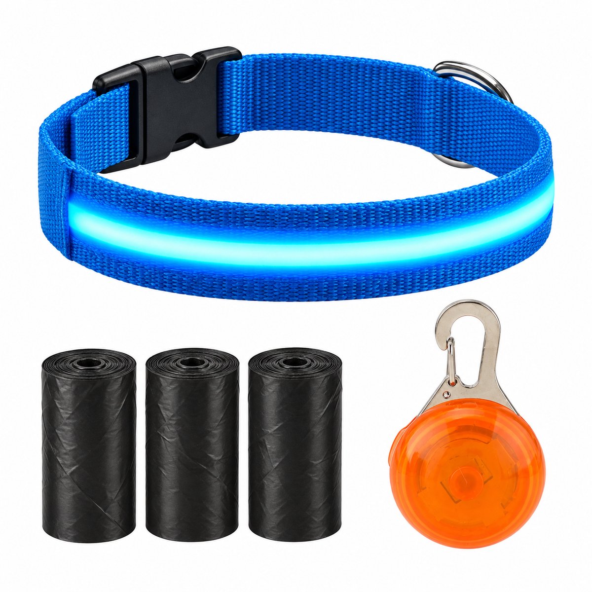 Professor Q LED Halsband Hond - Blauw XS (28–32 cm) - Oranje LED Lampje + 45 Poepzakjes - Nylon USB Oplaadbaar