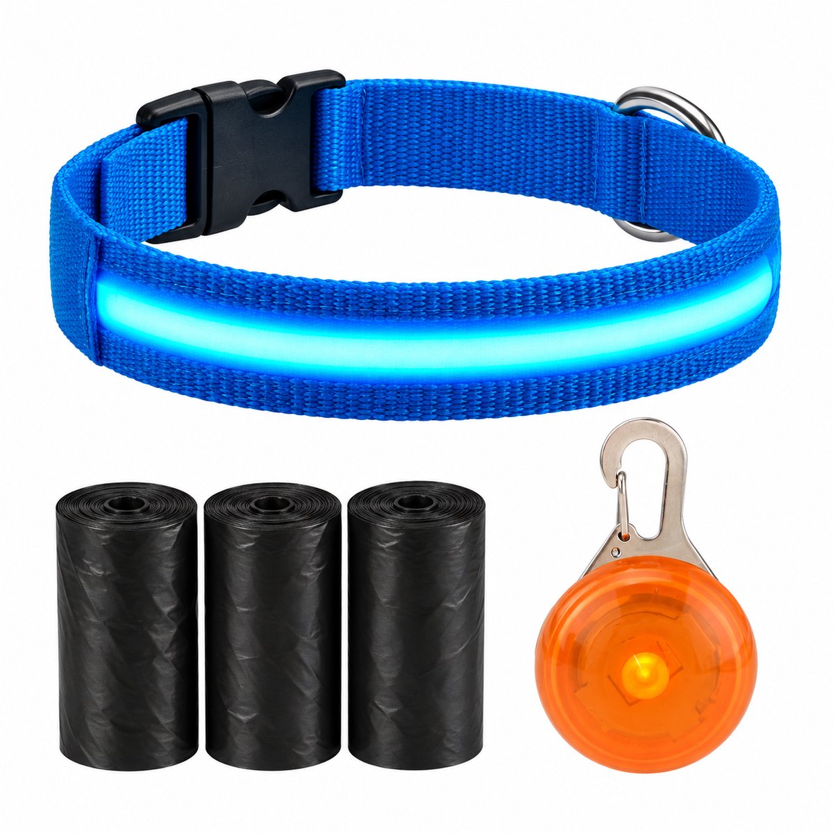 Professor Q LED Halsband Hond - Blauw S (34–41 cm) - Oranje LED Lampje + 45 Poepzakjes - Nylon USB Oplaadbaar
