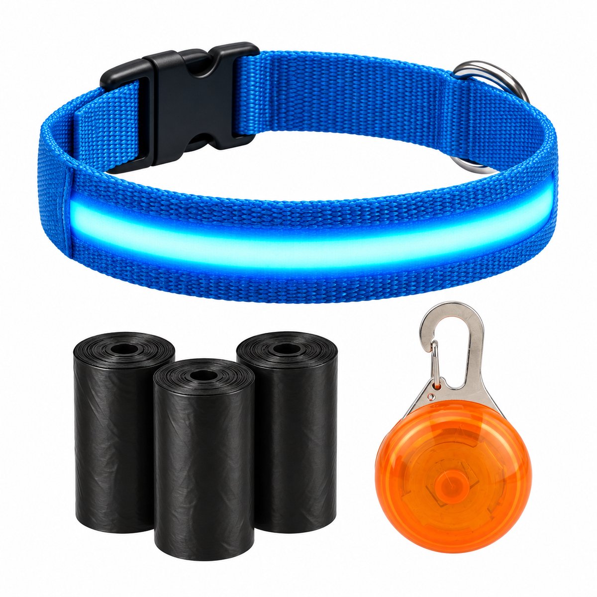 Professor Q LED Halsband Hond - Blauw M (37–46 cm) - Oranje LED Lampje + 45 Poepzakjes - Nylon USB Oplaadbaar