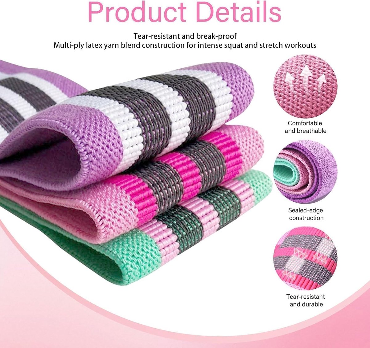 3 elastische fitnessbanden, antislip, elastisch, fitness, pilates, krachttraining, bodybuilding, yoga, pilates, squats crossfit (groen, roze, paars, 8 cm