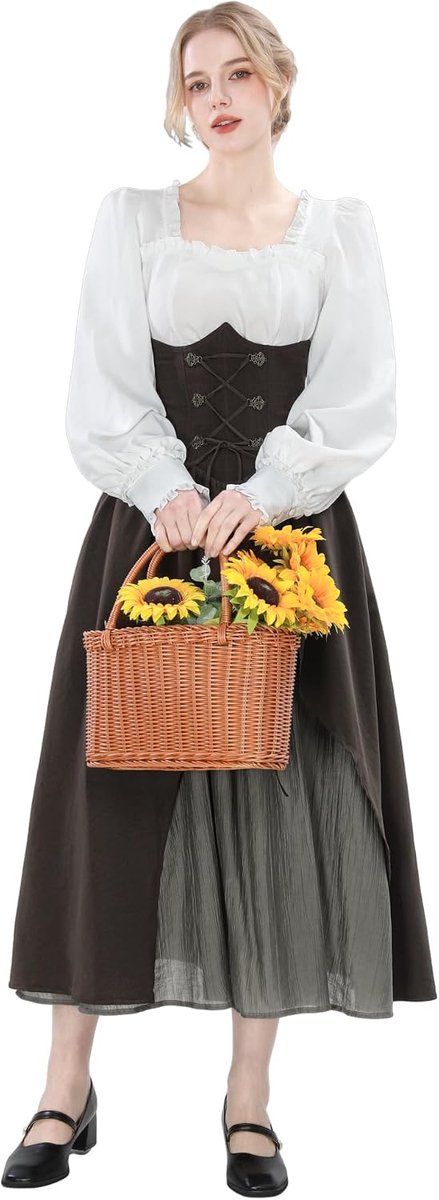 jurk dames kostuum 2-delig renaissance-jurk lange mouwen blouse & hoge taille rok met trekkoord set bruin