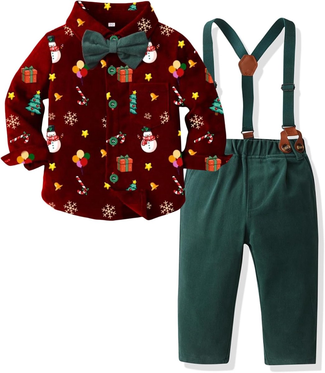 Kerst Outfit Xmas Prints Shirt Met Bowtie Jarretel Broek Set Jongens Jurk Kleding Gentleman Outfits