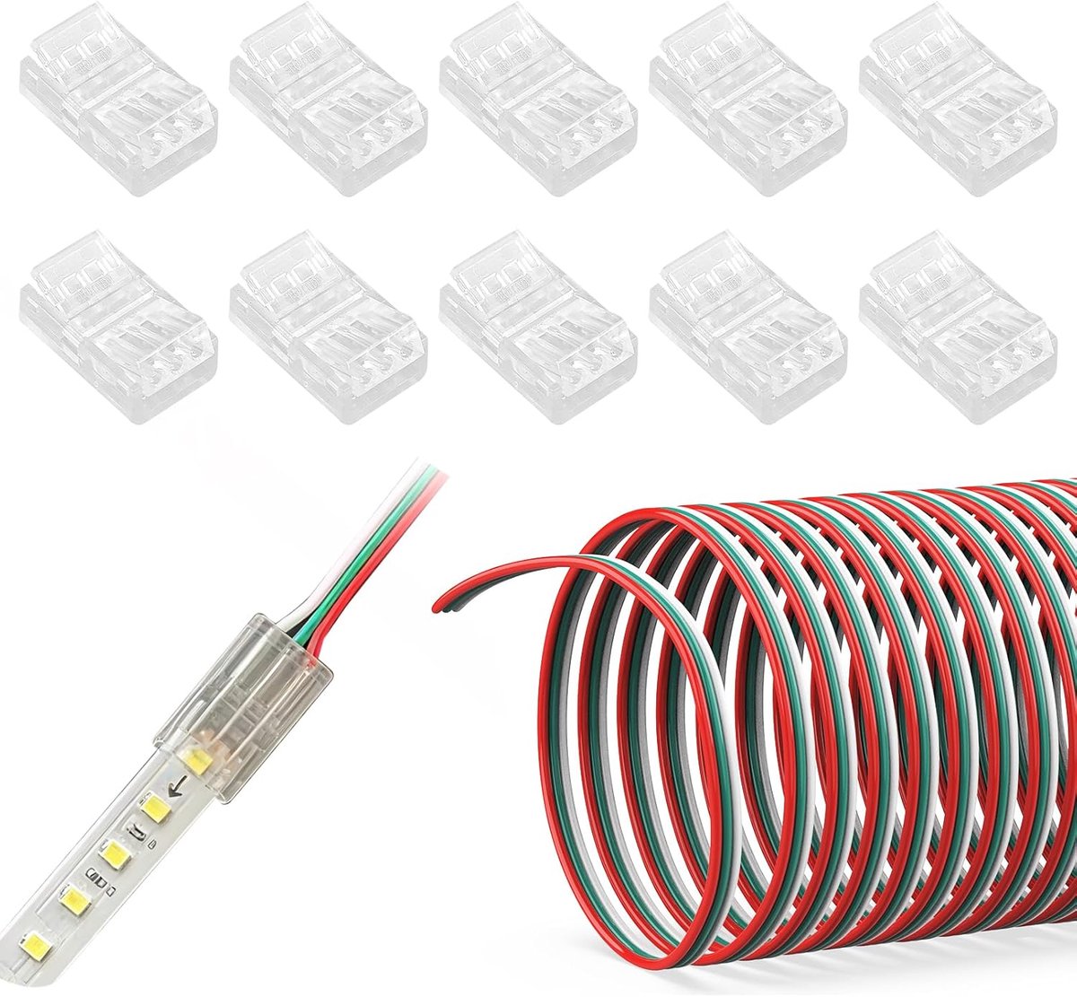 Set van 10 3-polige 10 mm ledstripconnectoren met 22 AWG 5 m led-verlengkabel, 3-polige ledstrip-connectorset voor WS2812B WS2811