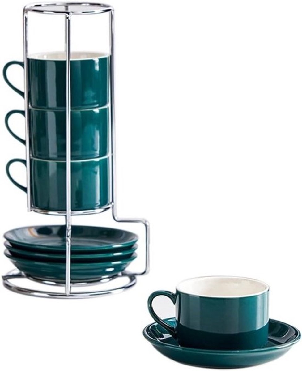 Cappuccino Kopjes - Espresso Bekers - Koffie Moment - Stapelbaar met Houder - 4 stuks - Groen