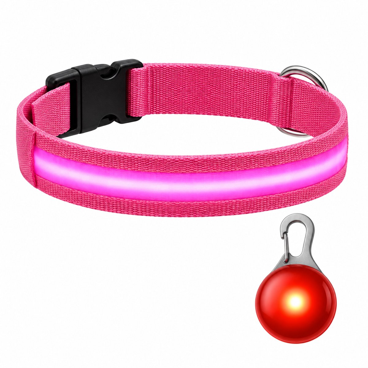Professor Q LED Halsband Hond - Roze M (37–46 cm) - Rood LED Lampje - Nylon USB Oplaadbaar