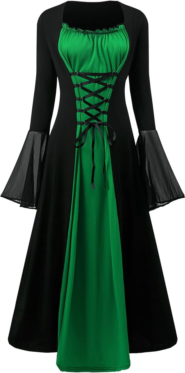 jurk dames vintage zwarte middeleeuwse jurk met trompetmouwen gebonden taille jurk Halloween carnaval kostuum voor vrouwen