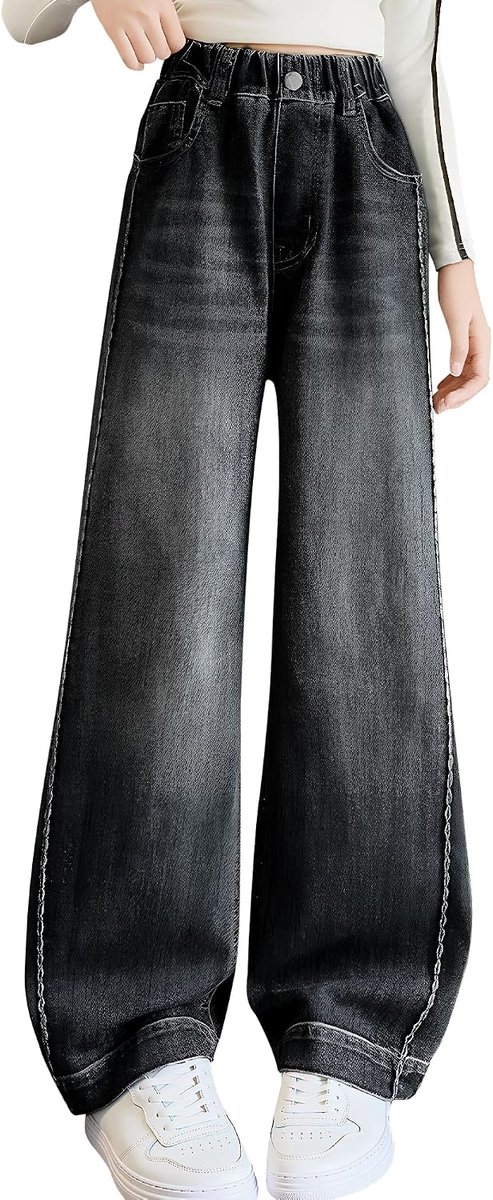 Jeans Baggy wijde pijpen denim broek Elastische tailleband Losse jeansbroek Hoge taille Wijde pijpen Lange broek Mode Streetwear Tiener kleding voor 7-14 jaar, maat 122-158