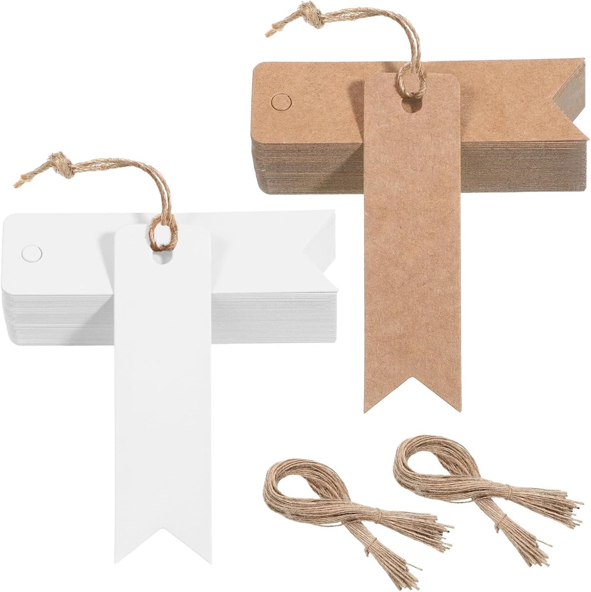 Lot van 100 cadeaulabels, gemaakt van kraftpapier van 2 x 7 cm, met 20 m jute koord, cadeaulabels, labels voor etikettering, blanco kraftpapier, accessoires voor bruiloften, Kerstmis (wit)