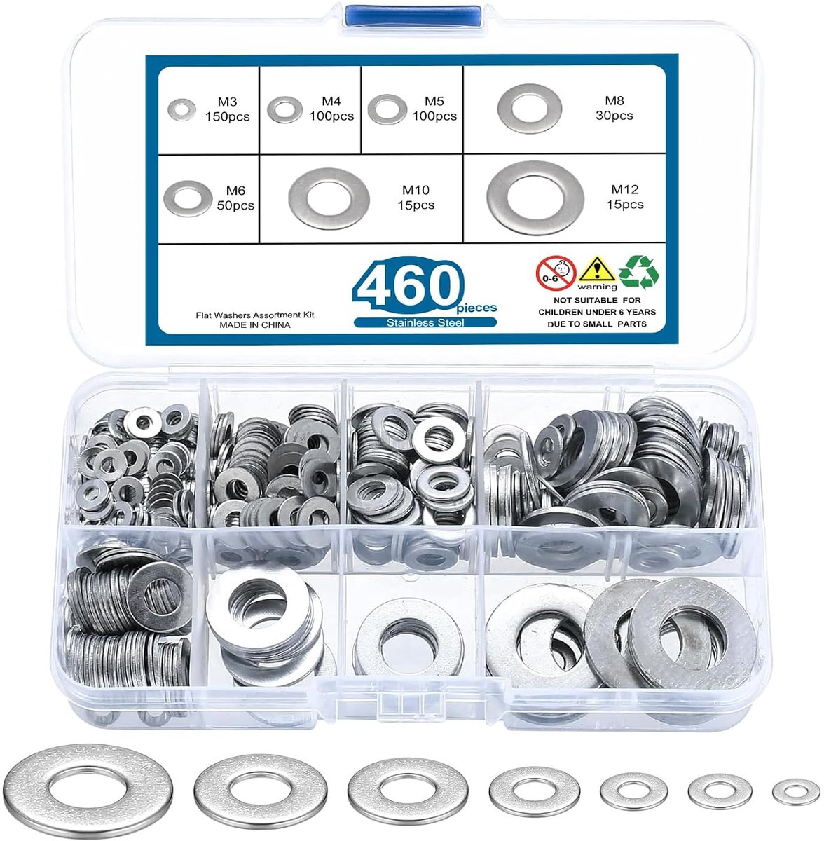 460-delige sluitringenset, koolstofstaal, platte sluitringen, assortiment M3-M12, metalen afstandhouders en borgringen
