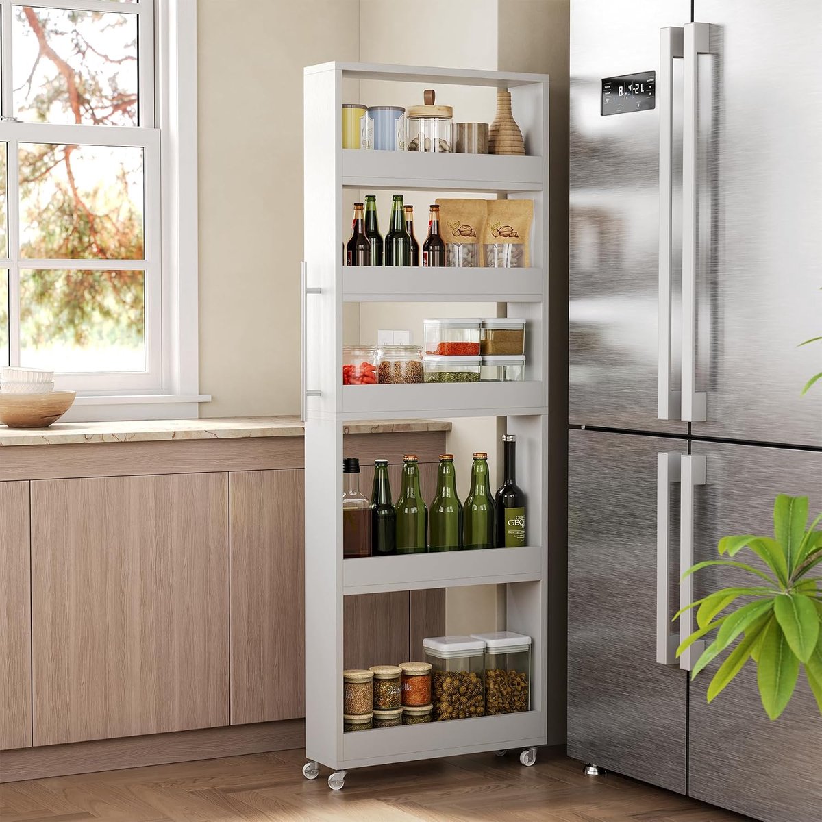 160 cm slanke opbergkar op wielen, 5-laags hoge smalle mobiele plankorganizer, rollende bruikbare kar met metalen handvat voor keuken, eetkamer, kleine ruimtes, wit