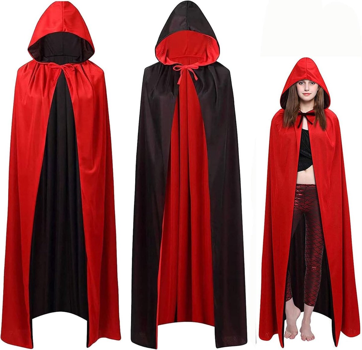 Zwart, rood, cape, Halloween, middeleeuws, vampierkostuum, volwassenen, kinderen, heren en dames