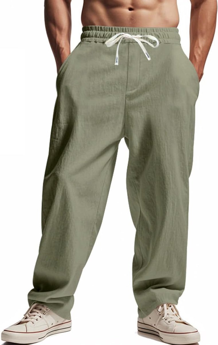 Broek voor heren, elastische taille, losse broek, vloeiend, sportbroek voor heren met trekkoord en zakken, casual, ademend, licht, strand, yoga