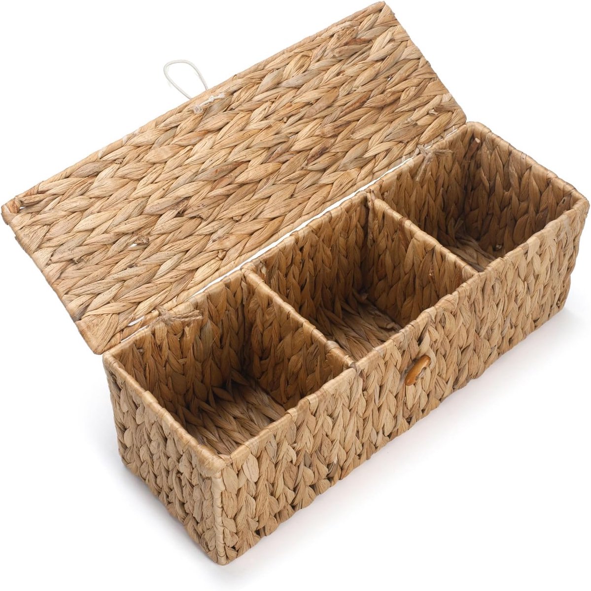 Badkamermand met deksel, waterhyacint toiletmand met 3 compartimenten, geweven opbergdoos voor badkamerorganizer (33,5 x 13,0 x 11,4 cm)