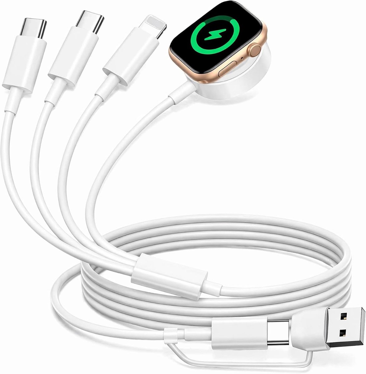 4-in-2 magnetische oplaadkabel voor smartwatch, multiport Lightning USB-C Micro USB 1,2 m koper hoge zuiverheid gelijktijdig opladen 4 apparaten, compatibel met serie 9-SE iPhone 16-12 iPad