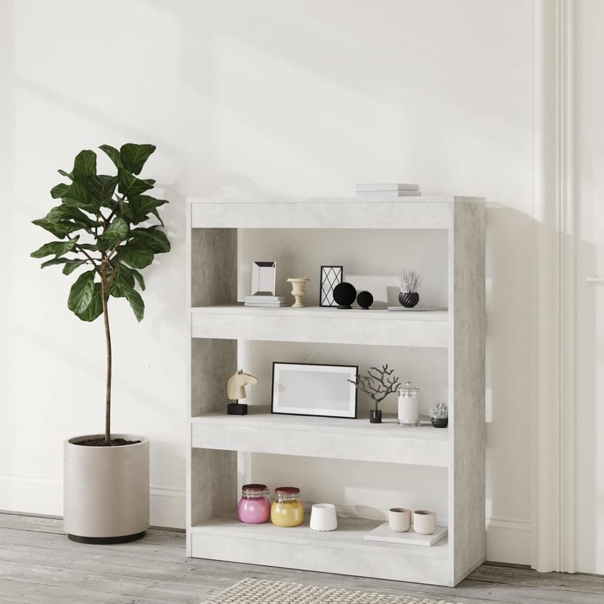 Boekenkast/ruimteverdeler, grijs, beton, boekenkast voor woonkamer, slaapkamer, moderne boekenplanken voor boeken, boekenplanken met 3 planken, multifunctioneel rek voor cd-deur 80 x 30 x 103 cm