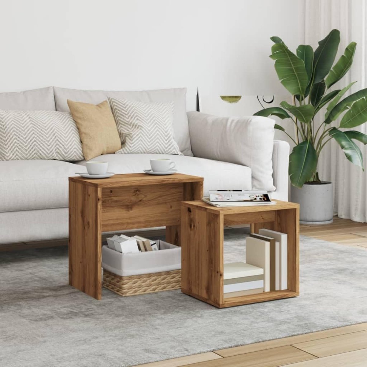 Houten bijzettafels, 2 stuks, moderne nesting bijzettafels als salontafelset voor woonkamer, kantoor of slaapkamer met glad oppervlak, duurzaam