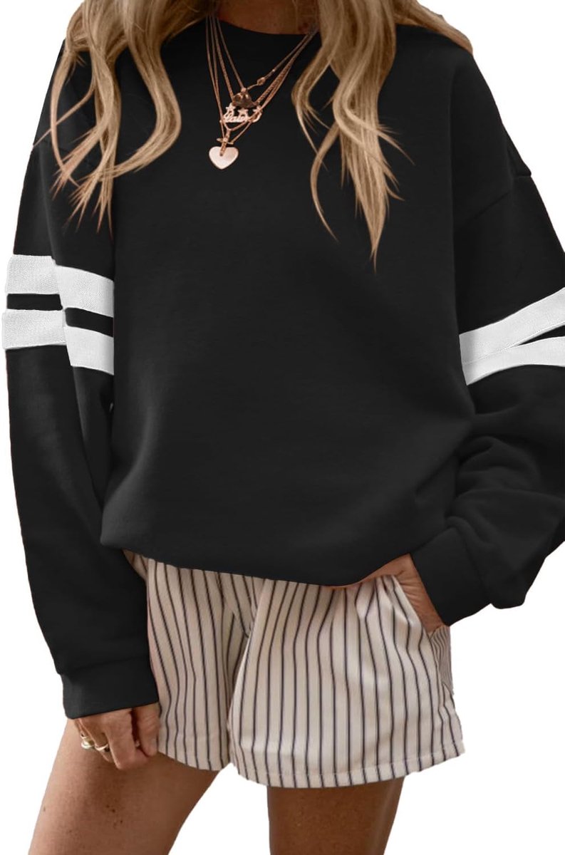 Sweatshirt voor dames, trui met ronde hals, gestreepte mouwen, oversize, Y2K, lange mouwen, sweatshirt