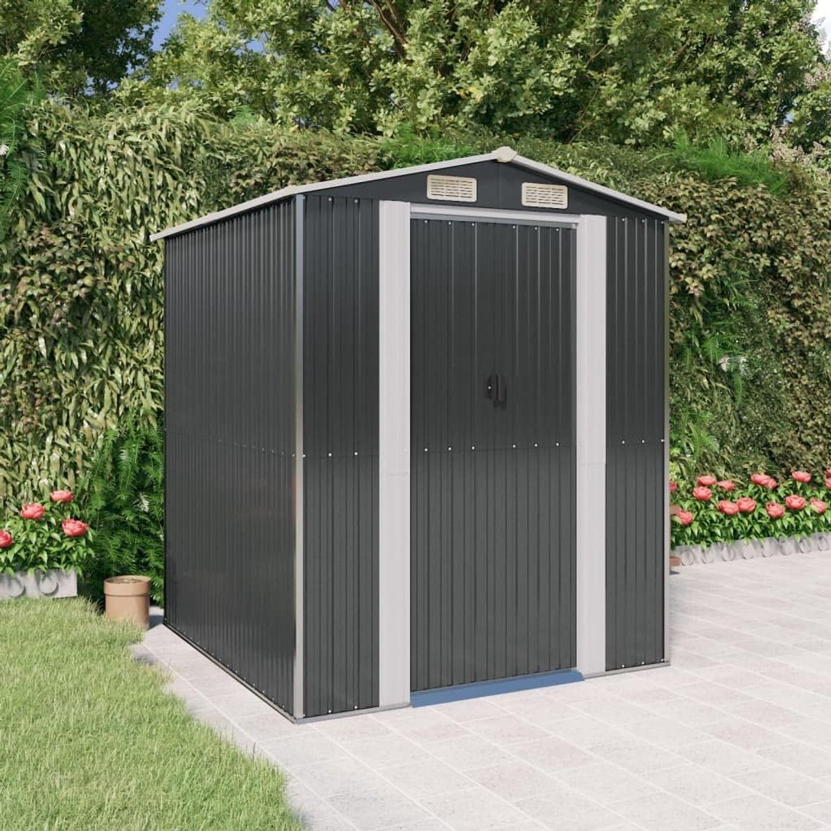 Antraciet, 192 x 191 x 223 cm, van verzinkt staal, roestvrij en duurzaam, met schuifdeur en ventilatiesleuven voor tuingereedschap, gereedschap en zwembadaccessoires.