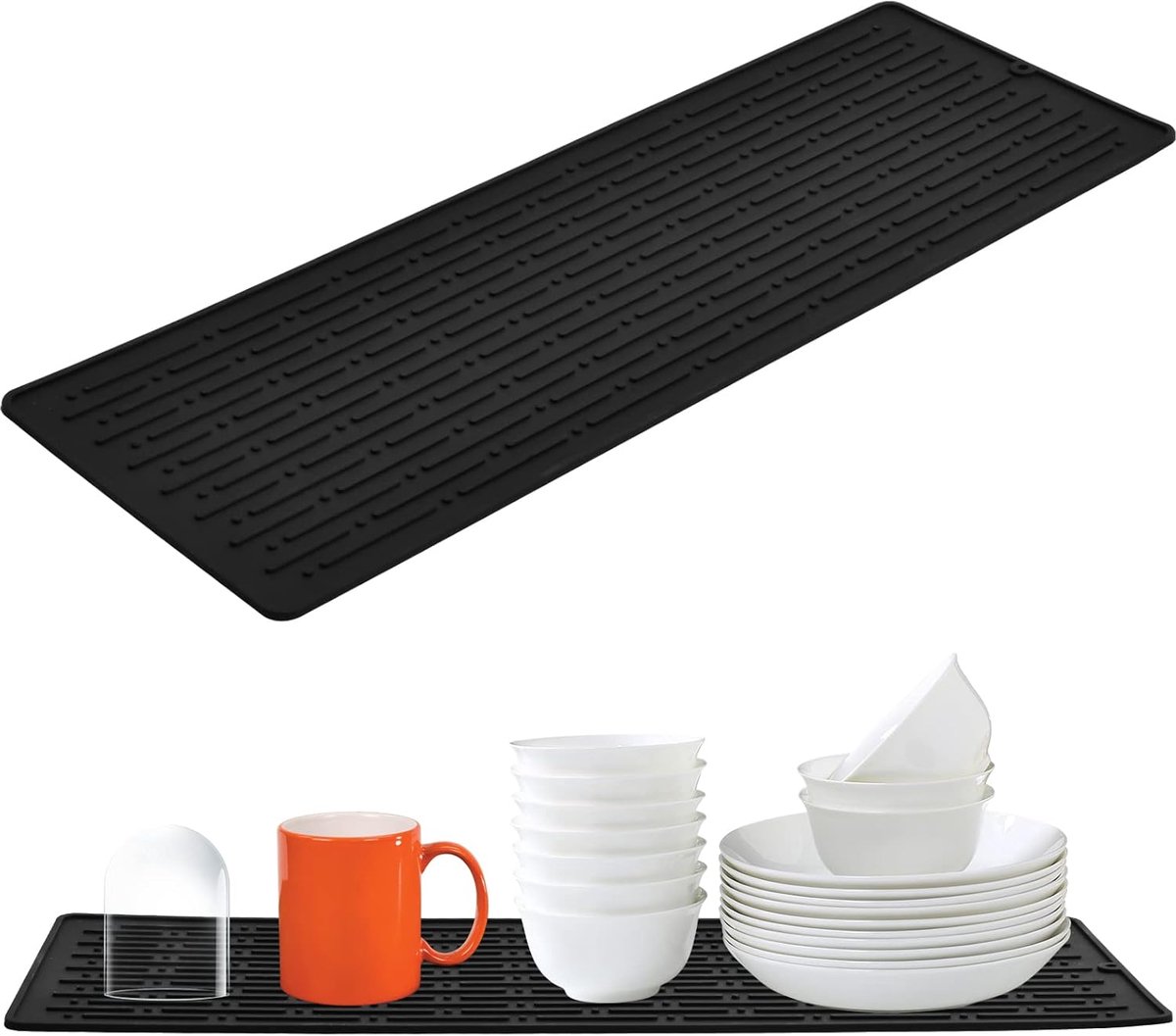 40,5 x 14,5 cm afdruiprek van siliconen, droogmat, antislip, hittebestendige siliconen mat, afdruiprek, afdruipmat voor keuken, servies, lepels, droogmat voor keukenaanrecht, zwart