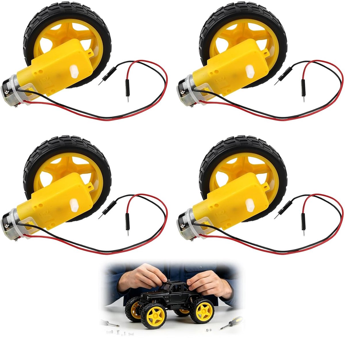 4 stuks gelijkstroommotoren, kleine elektromotor, dubbele as 1:48 met kunststof wielen, DC 3-6 V, voor intelligente robots en elektronische projecten