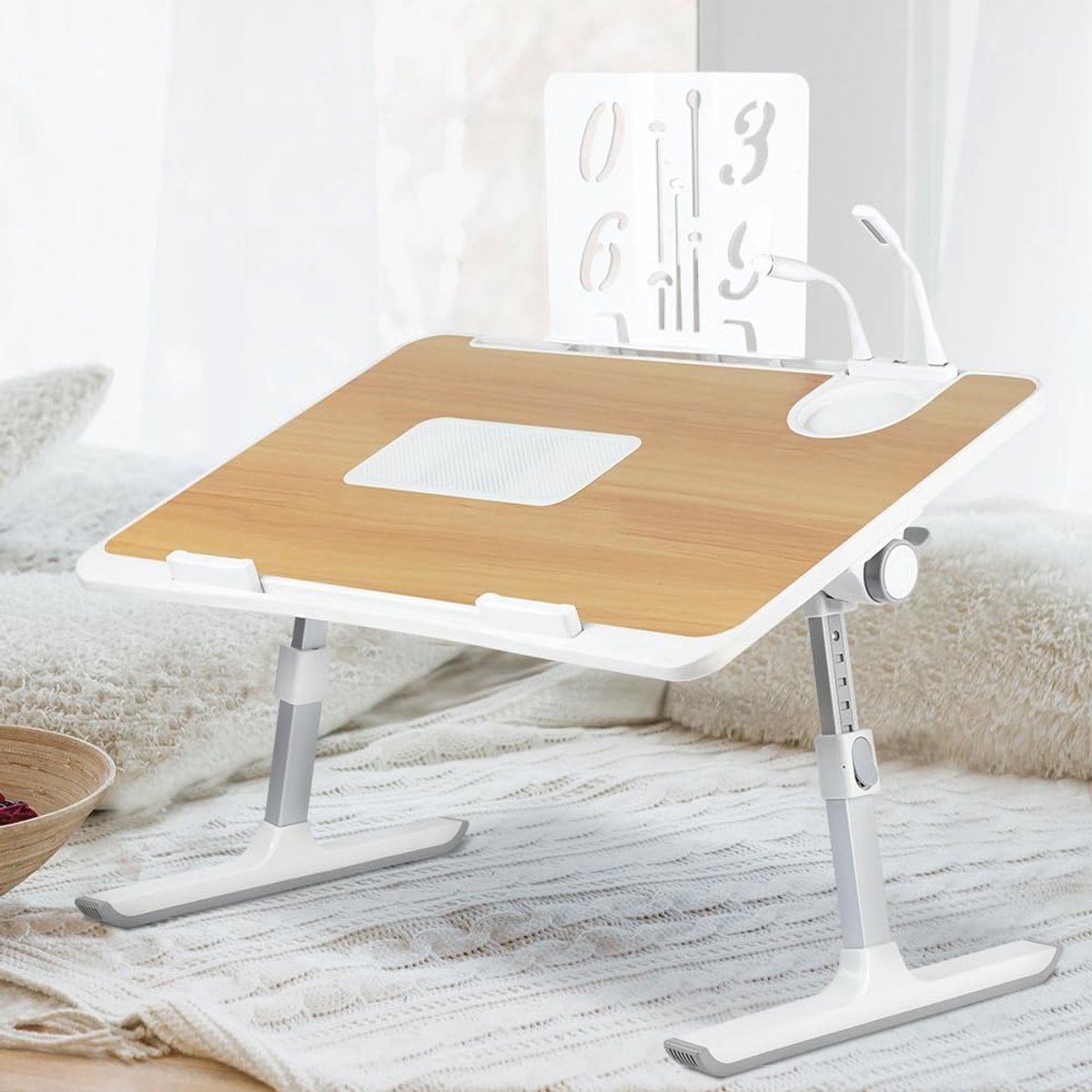 Bedtafel voor laptop, opvouwbaar, in hoogte en hoek verstelbaar, dienblad met lade + pc-koeler, voor bank/vloer/bed, 60 x 40 x 26-39 cm (walnoot)