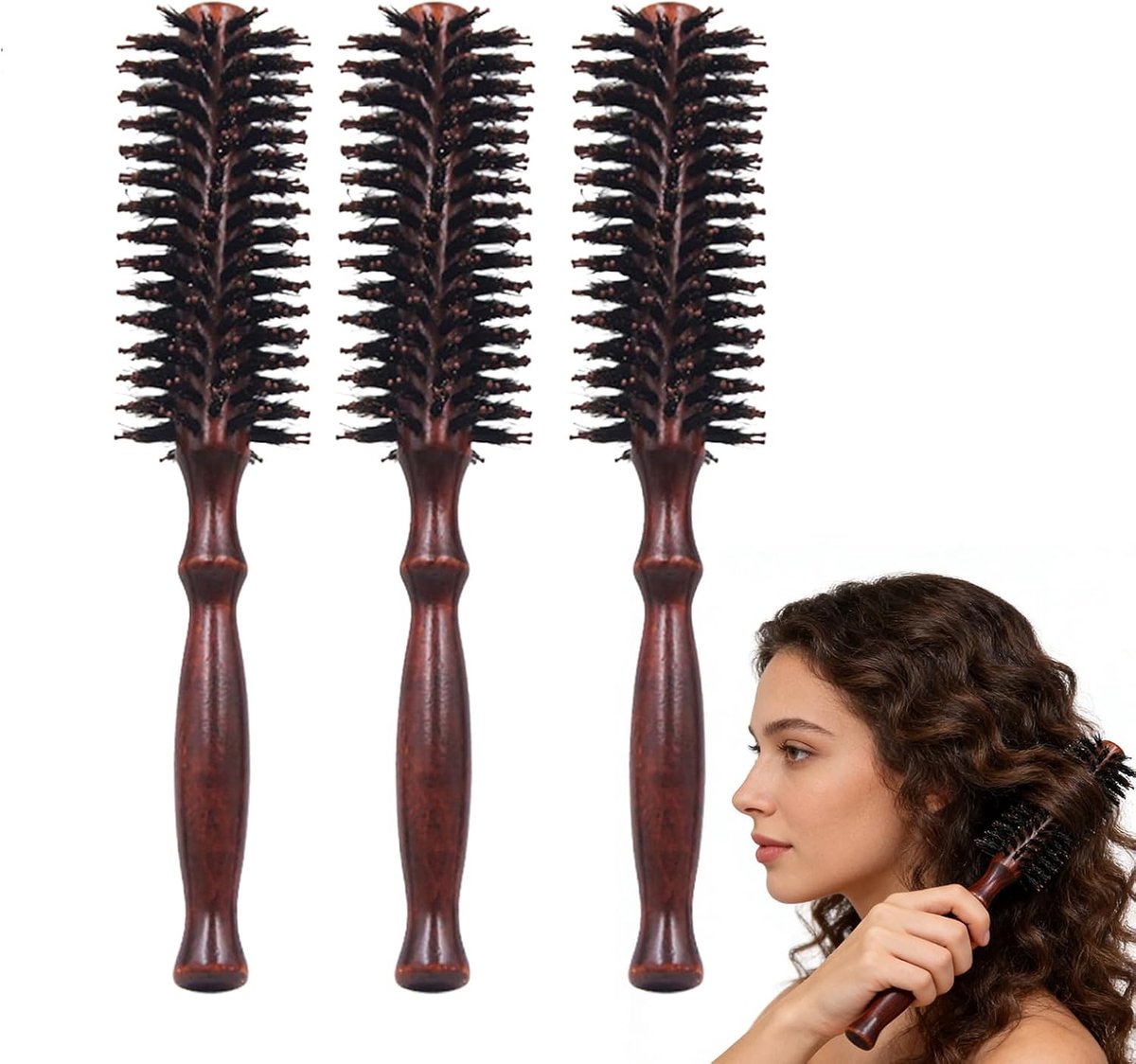 Set de 3 Cepillos Redondos con Cerdas de Jabalí – Cepillo Profesional para Cabello Corto o Largo, Antiencrespamiento, Mango de Madera Ergonómico (Diámetro: 4,7 cm)