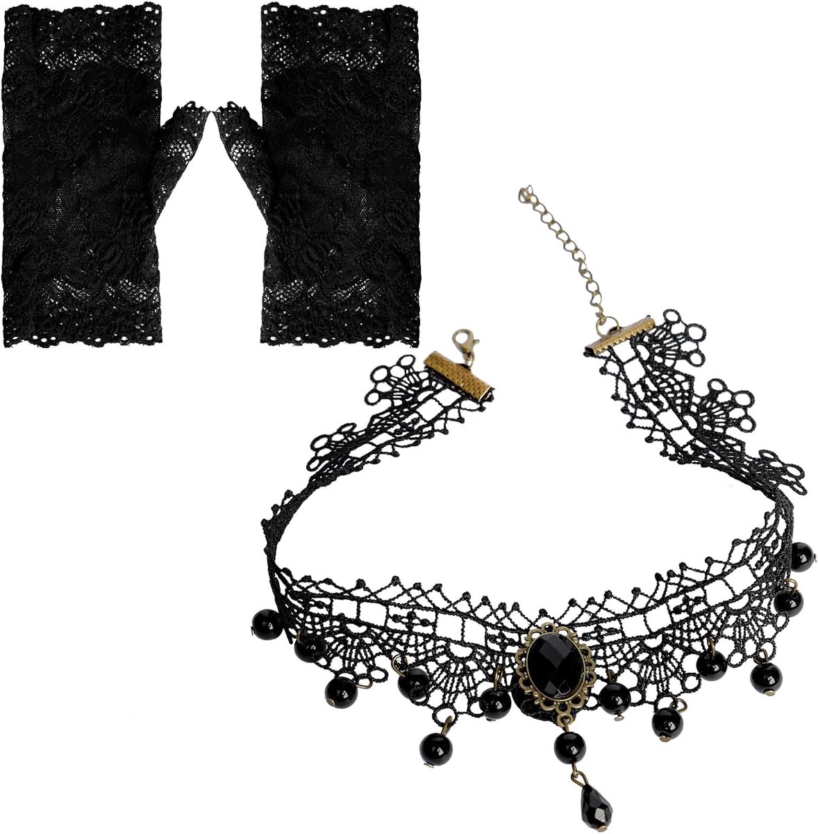 2 St Zwarte Goth Accessoires Set - Kant Choker Ketting & Vingerloze Handschoenen, Gotische Sieraden Voor Dames, Kant Accessoires Voor Halloween Gala 1920s Feest Vampier