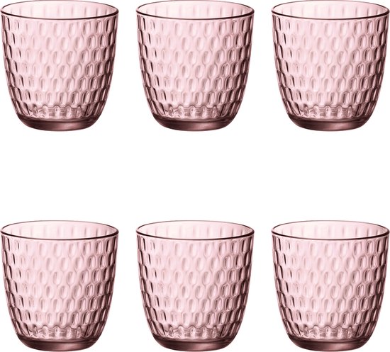 Ensemble de six verres roses avec un relief de formes ovales.