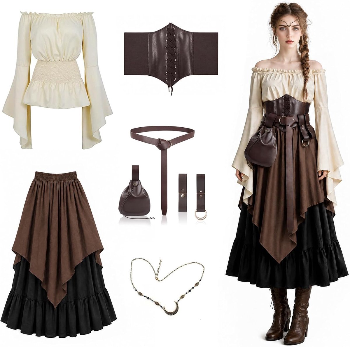 kleding voor dames, middeleeuws kostuum voor dames en off-shoulder blouse, renaissance-jurk voor volwassenen, set met korset, riemtas, hoofddeksel, riem, Victoriaanse jurk voor carnaval