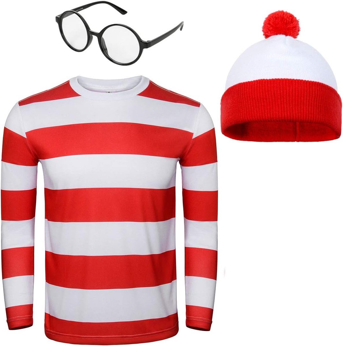 Rood en Wit Gestreept T-Shirt Bril Beanie Hoed Outfit Pak Set Halloween Cosplay Kostuum Party Rekwisieten voor Mannen Volwassenen