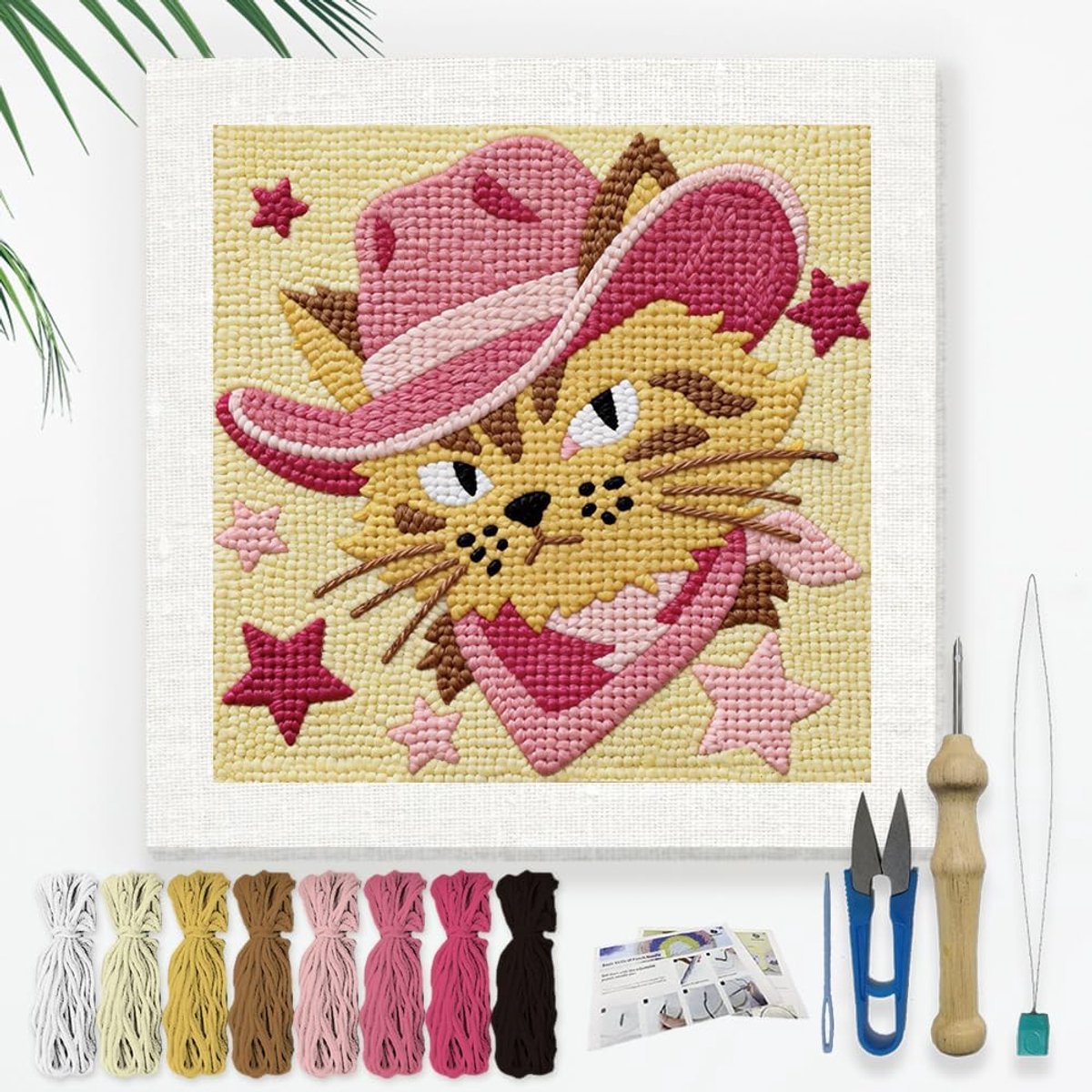 Cowboy Kat DIY Punch Naald Borduurset voor volwassen beginners, 24 cm kat die een cowboyhoed draagt, ponsstikselset voor starter met frame, stofpatroon, threader, garen, ponsnaald