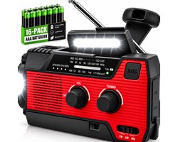 Noodradio - Op Batterijen (INCLUSIEF 16 Pack) - Opwindbaar & Batterij - AAA Batterijen - Zonnepaneel - + Zonne energie + Oplaadbaar - Nood Radio - Noodpakket - Solar - Voor Noodrantsoen - Rampen - Draagbare - FM AM - Aanzwengelen Radio – Rood