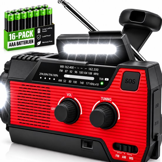 Rode noodradio met inschakelde zaklamp en 16 AAA-batterijen.