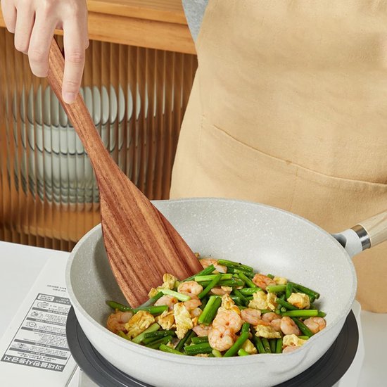 Spatel om te koken, 30 cm, natuurlijk teakhout met lange steel en sleufdraaier, handgemaakt ter bescherming tegen krassen voor de pan, hittebestendig, antibacterieel, keukenspatel set — afbeelding 5