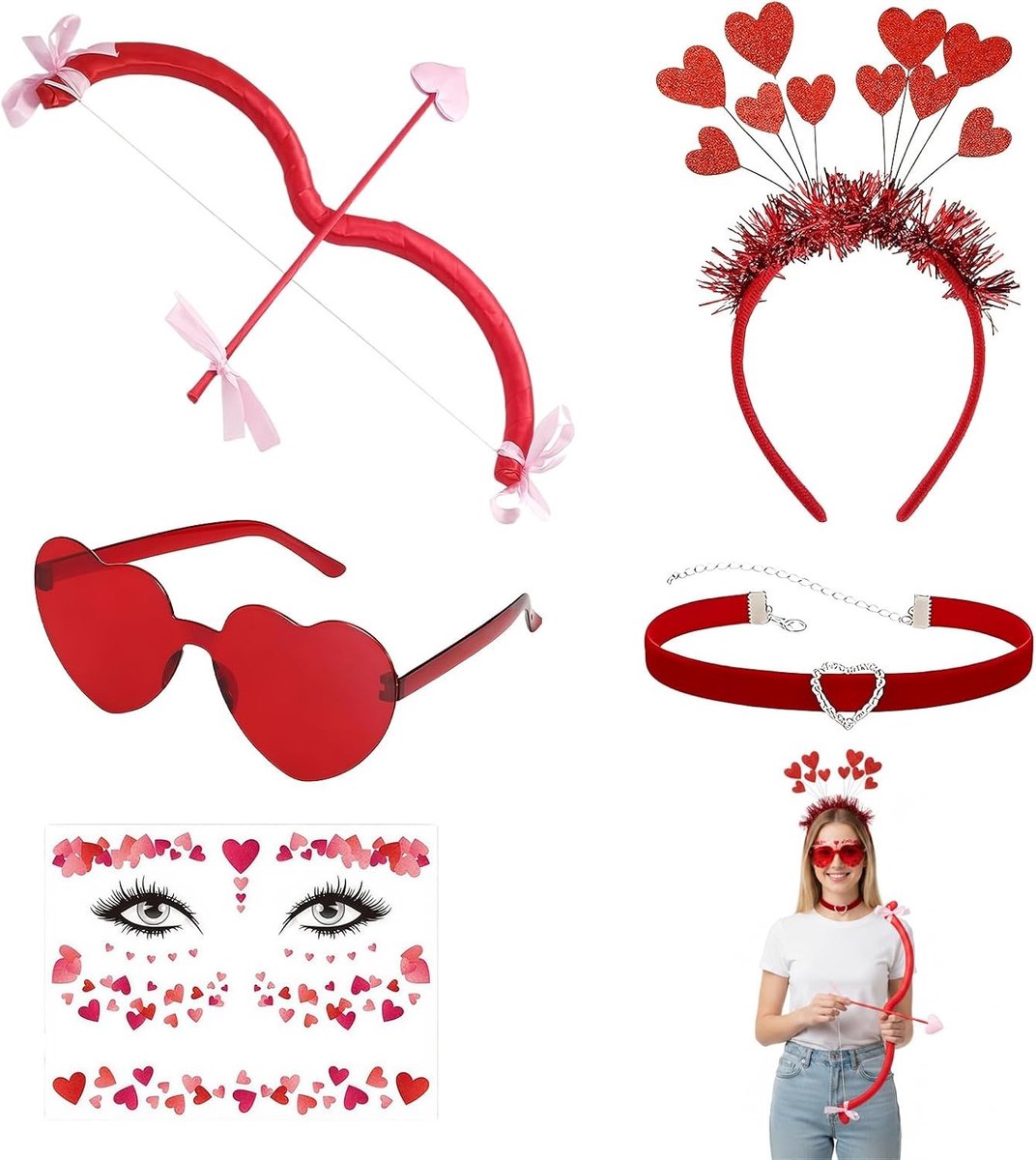 Set met Valentijnsaccessoires – Pijl en Boog, Hartvormige Zonnebril, Haarband, Tattoo's en Ketting – Ideaal voor Feestjes, Carnaval en Themapartijen