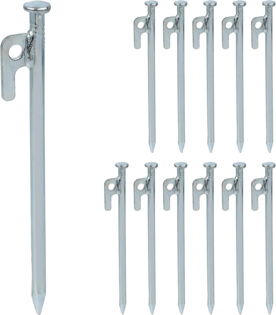 Tentharing set van 12, voor tent, voortent of feesttent, grondankers voor harde bodems, 20 cm, staal, zilver