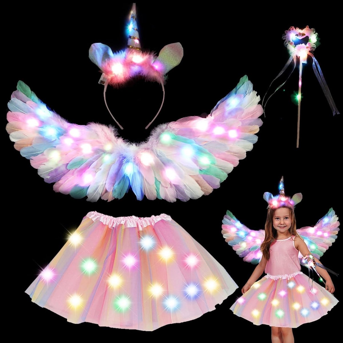 Luminous Eenhoorn Kostuum voor Kinderen met 60 cm Luminous Vleugels, Feestelijke Toebehoren voor Halloween, Carnaval en Verjaardagen