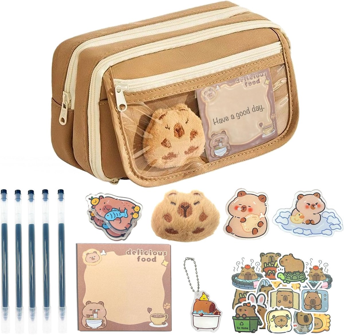Etui, 8PCS Capybara Briefpapierset, Capybara Etui met Briefpapier, Capybara Potloodetui met Grote Capaciteit, Capybara Schoolbenodigdheden voor Jongens en Meisjes