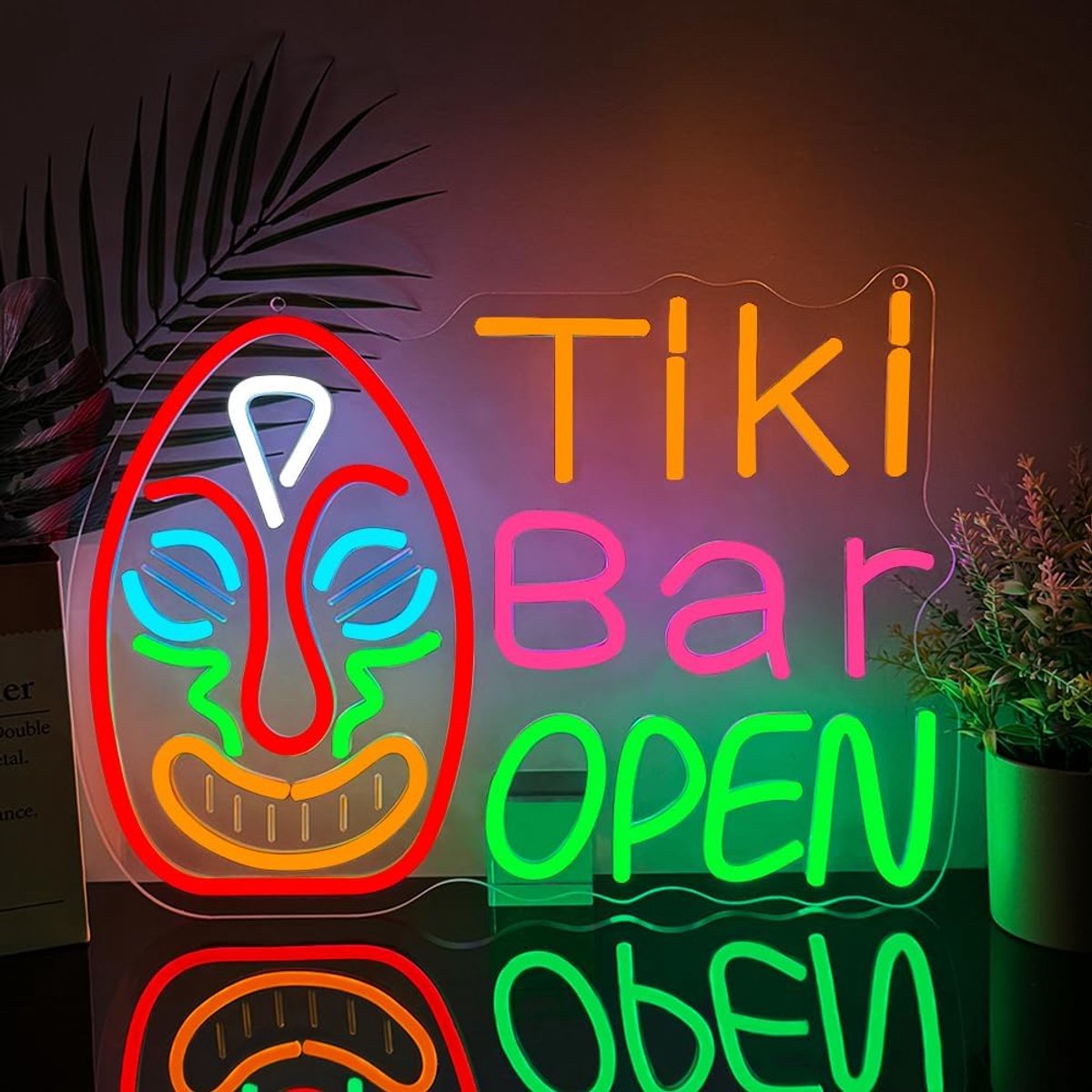 Bar Open neonbord voor feestdecoratie, led-bar open bord, Tiki-masker, neon USB-aangedreven lichtteken voor thuis, bar, bier, party, club, man grot