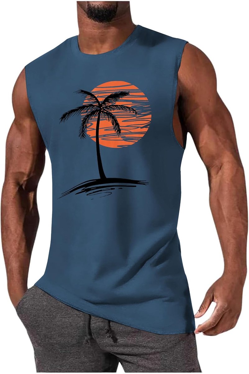 Tanktop voor heren, mouwloos, katoen, sporttops met palmenprint, T-shirt, onderhemd, spiershirt, fitness, gym, shirt met bandjes