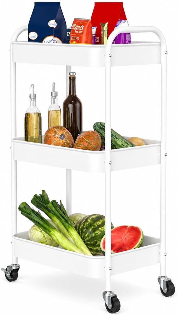 3 Tier Rolling Metal Storage Carts with Wheels, Multi Functionele Organizer Cart voor Kantoor, Badkamer, Keuken, Boek, Luier. Eenvoudige montage (Wit)